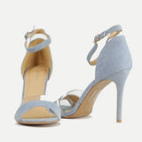 Denim and Lucite Clear Peep Toe Heels