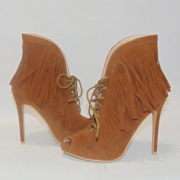 Yoki Camel Faux Suede Lace Up Fringe Peep Toe Booties.