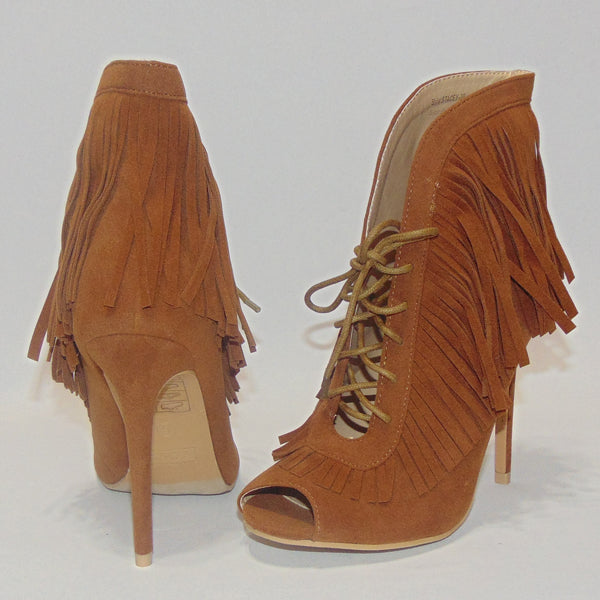 Yoki Camel Faux Suede Lace Up Fringe Peep Toe Booties.