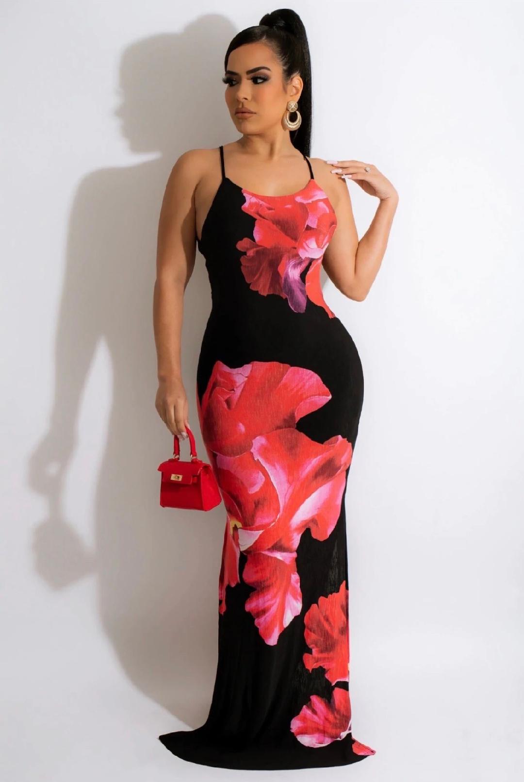 Genevieve Black Red Rose Print Back Strappy Maxi Dress