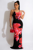 Genevieve Black Red Rose Print Back Strappy Maxi Dress