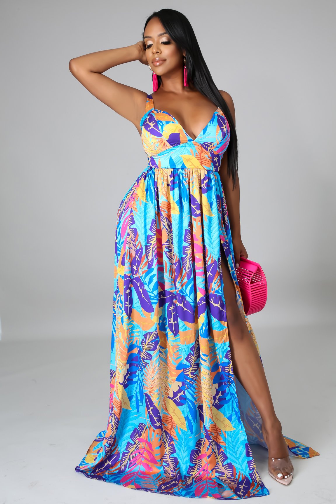 Tropical Resort Dress- Blue Multi