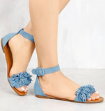 Lyla Blue Fringed Flat Sandals.