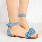 Lyla Blue Fringed Flat Sandals.