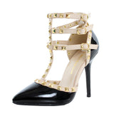 Black Beige Patent T-Strap Studded Pointy Toe Classic Heels.