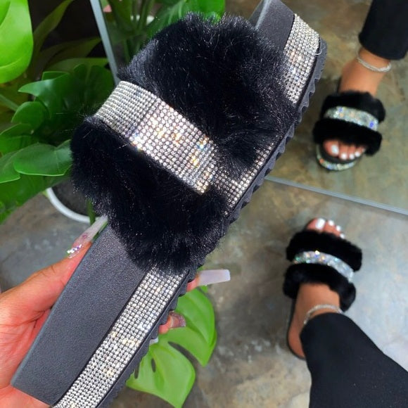 Nia Black Fur Sandals - Atlanta Shoe Studio