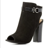 Peggy Peep Toe Belted Ankle Booties- Black.
