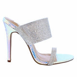 Arielle Rhinestone Double Strap Heels- Hologram Pink - Atlanta Shoe Studio