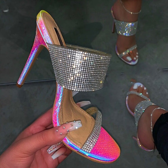 Arielle Rhinestone Double Strap Heels- Hologram Pink - Atlanta Shoe Studio