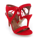Red Faux Suede Cut Out Lace Up Single Sole Heels.