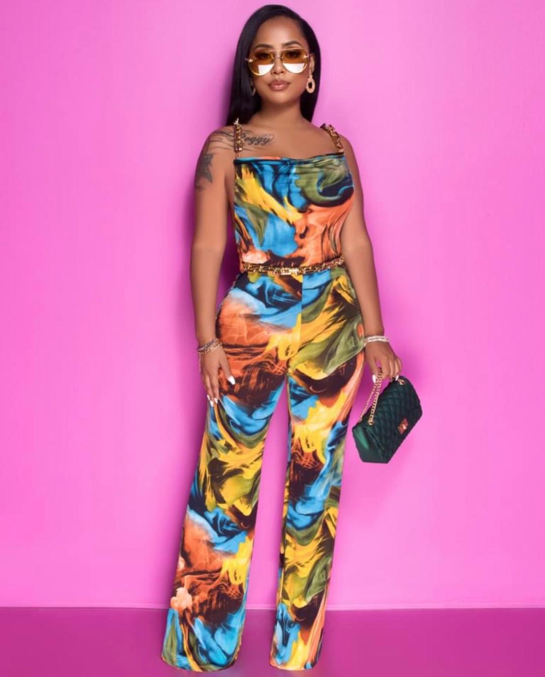 Regel Multi- Color Abstract Print Gold Link Accent Jumpsuit