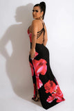 Genevieve Black Red Rose Print Back Strappy Maxi Dress