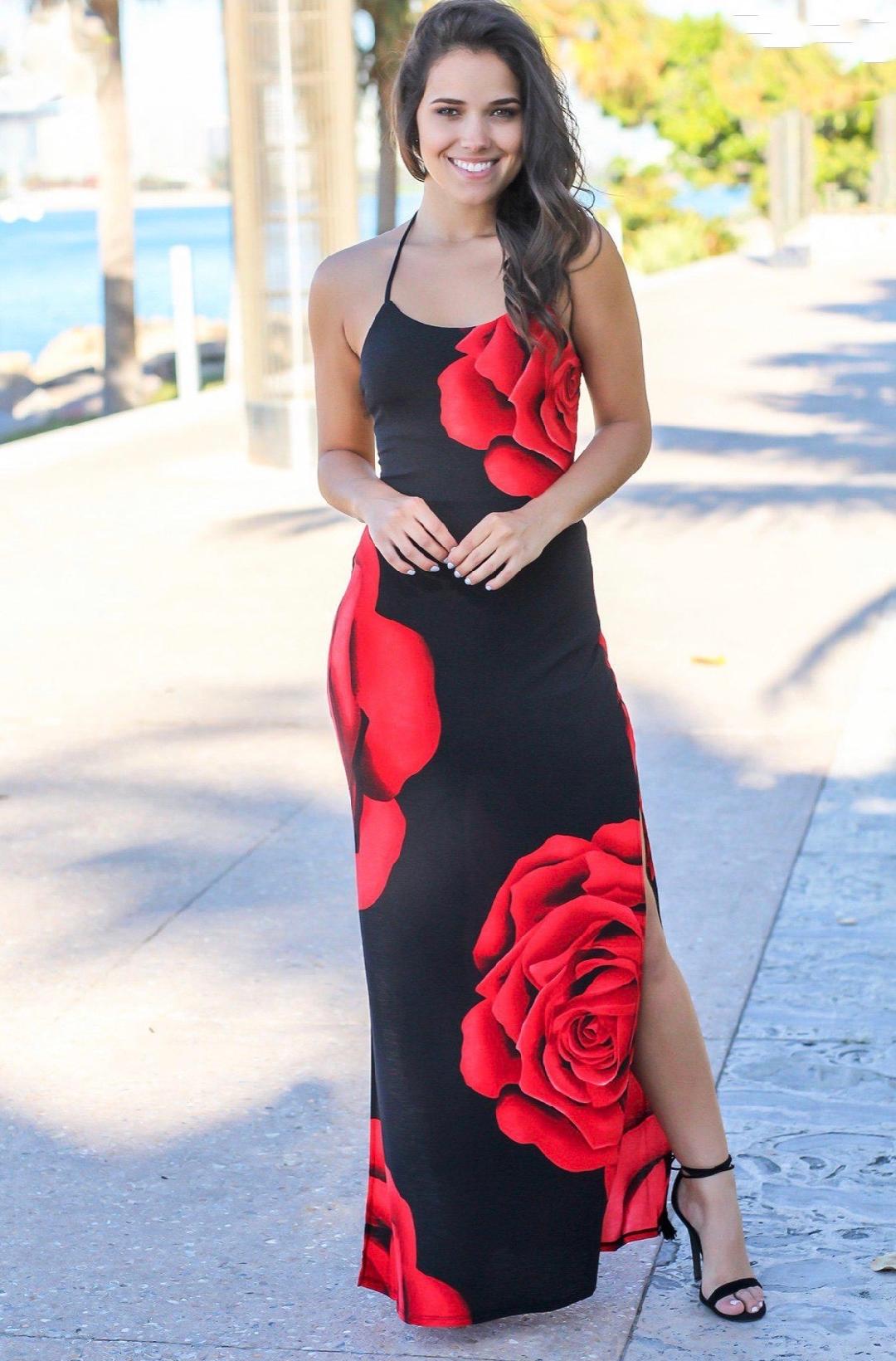 Genevieve Black Red Rose Print Back Strappy Maxi Dress